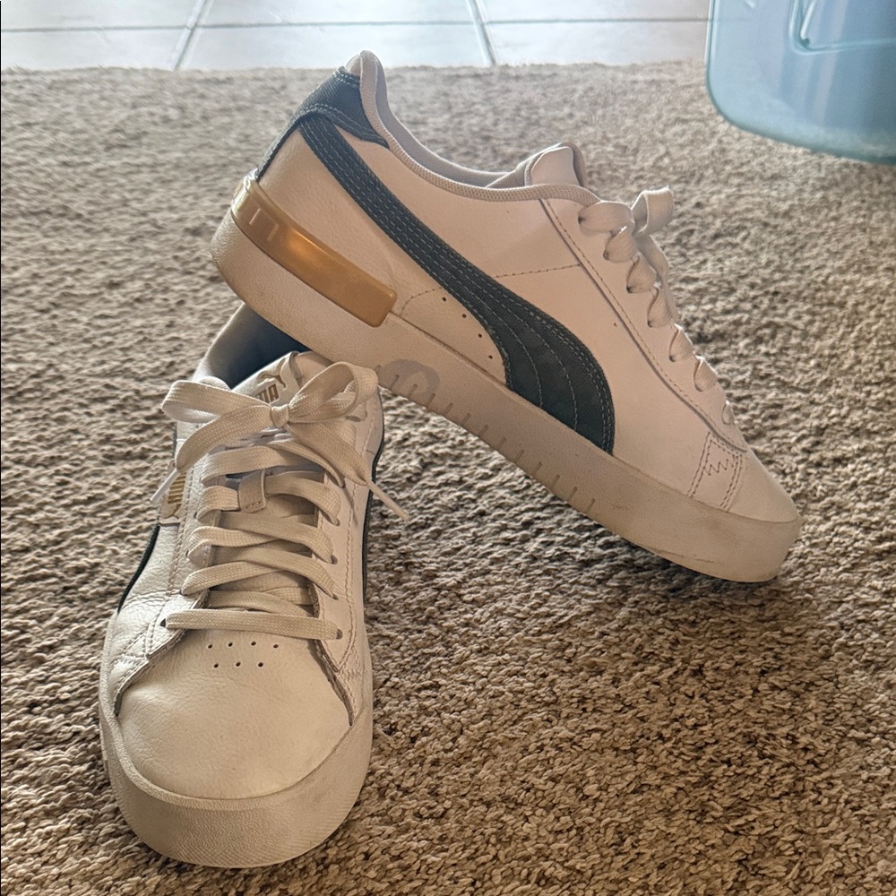 Puma White Sneakers with Olive Green Formstripe and Gold Heel Accent